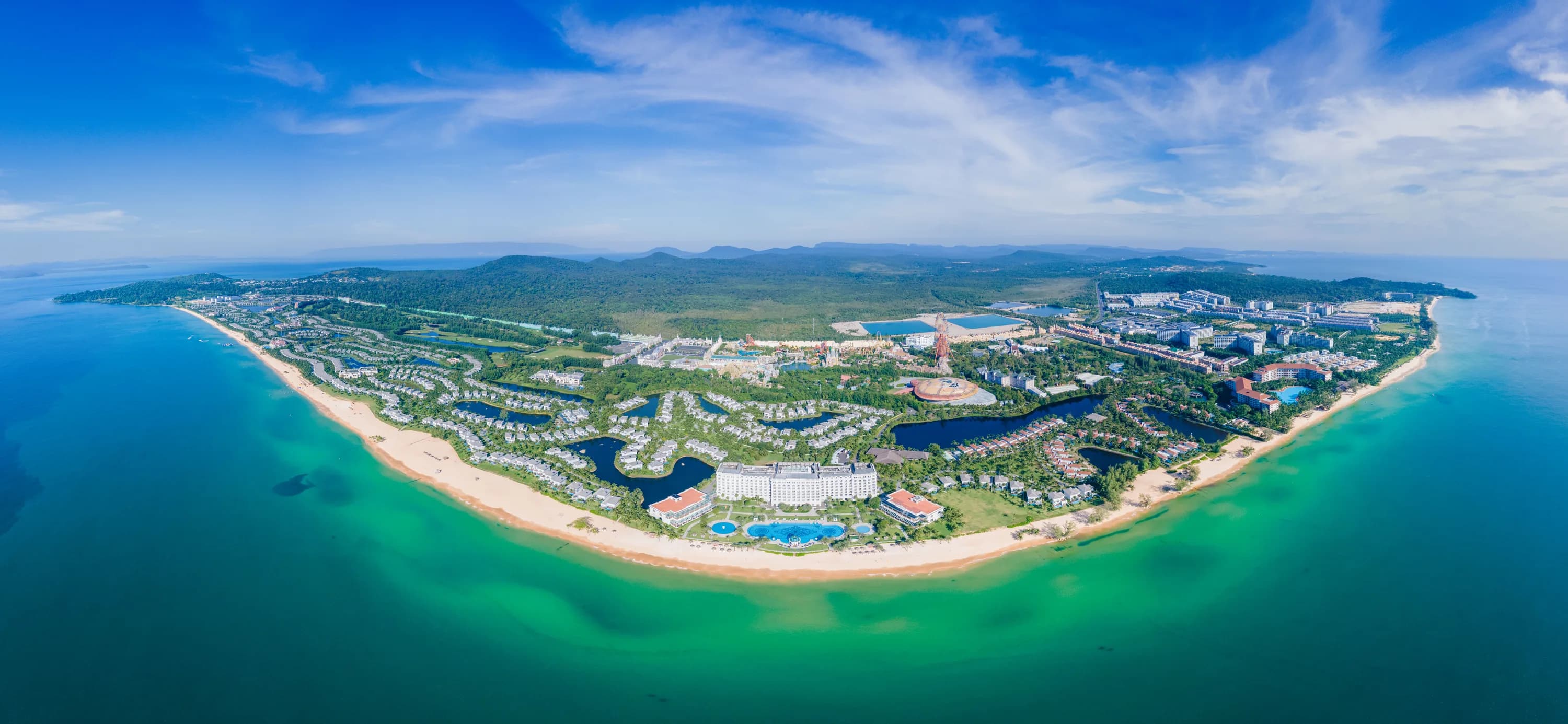 Aerial panorama of Bai Dai beachfront and the resort grounds behind it