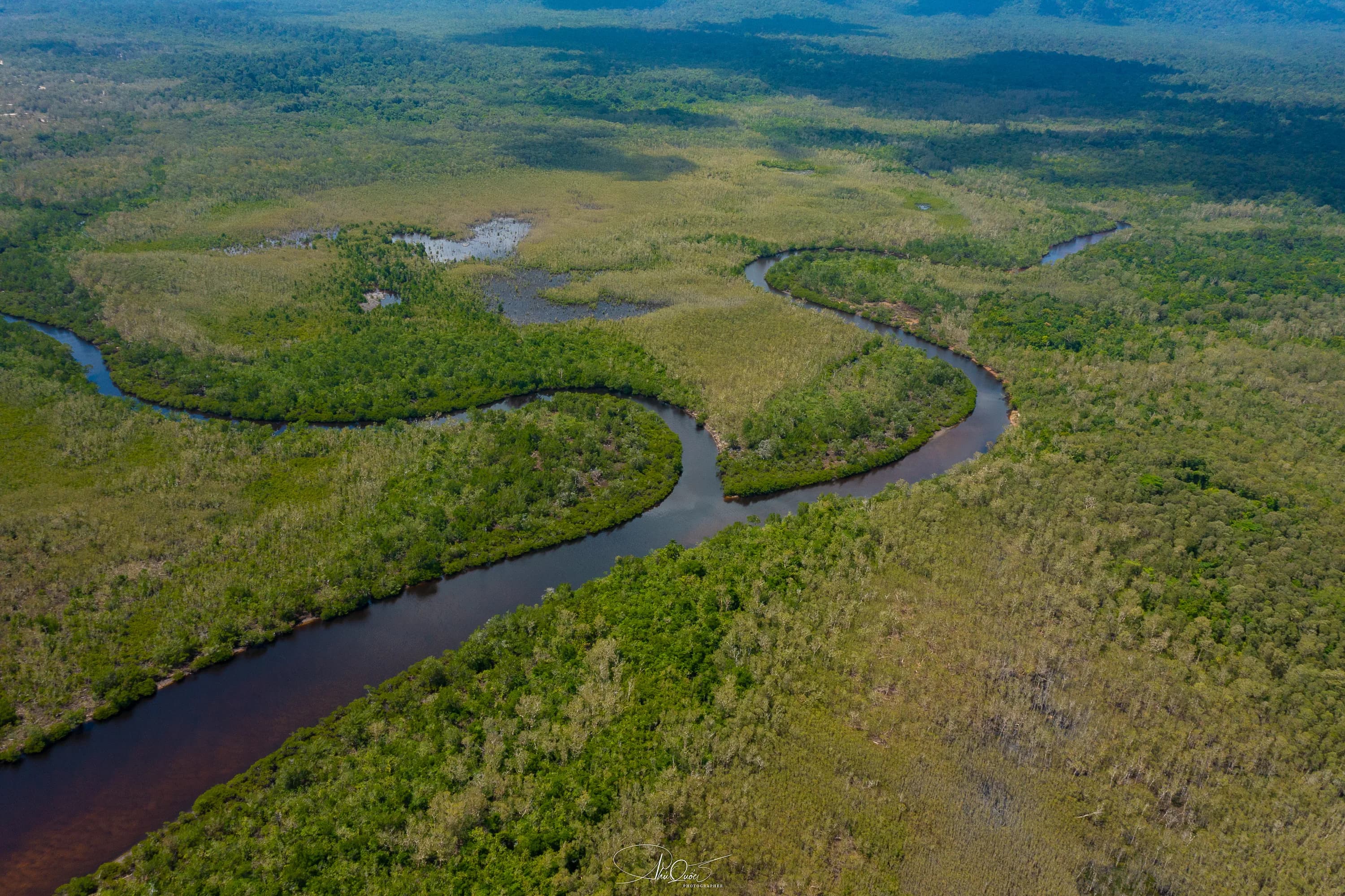 Aerial view of winding Rach Tram River channels through mangroves and woodland