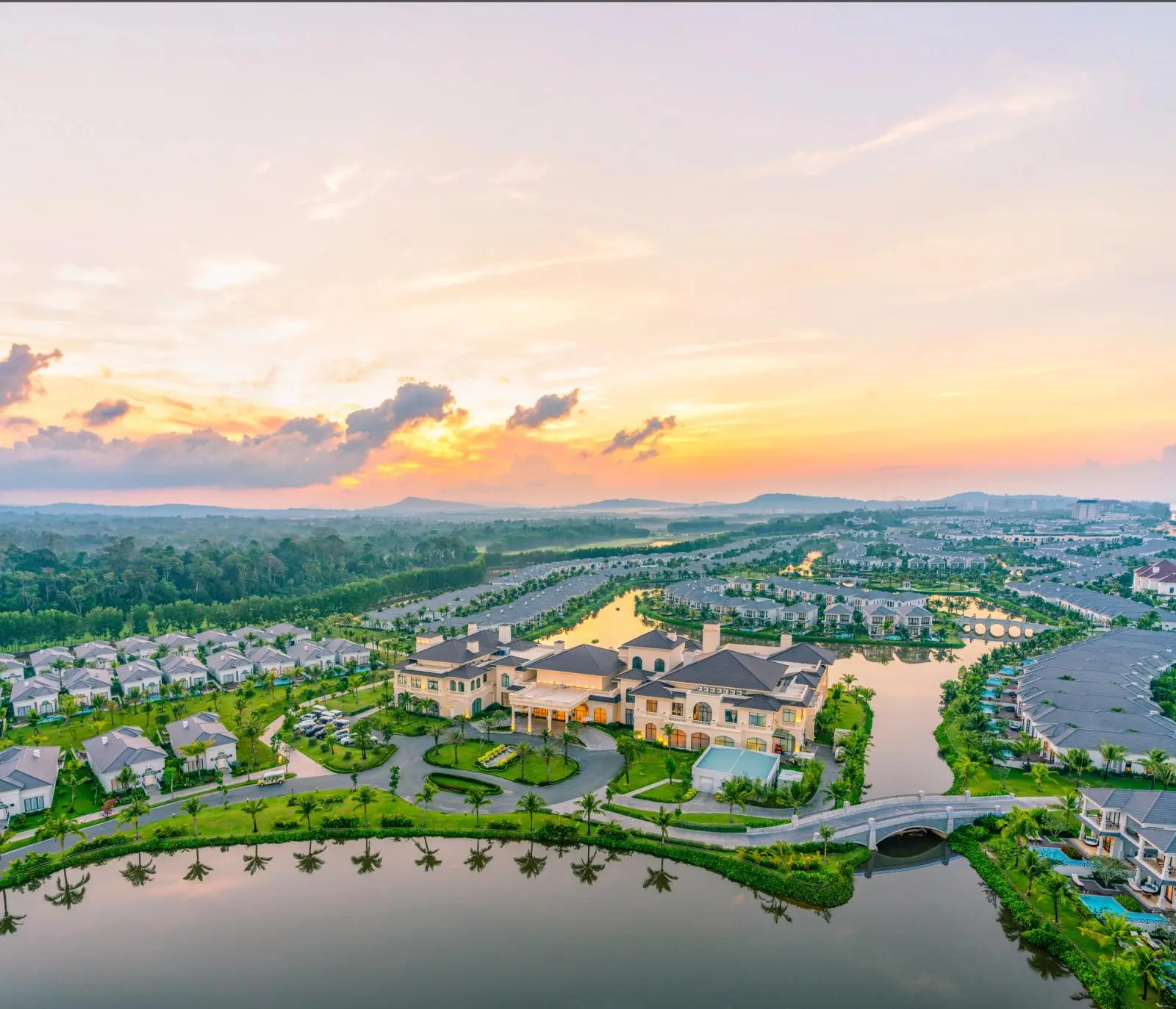 Resort grounds and coastal villas viewed from above