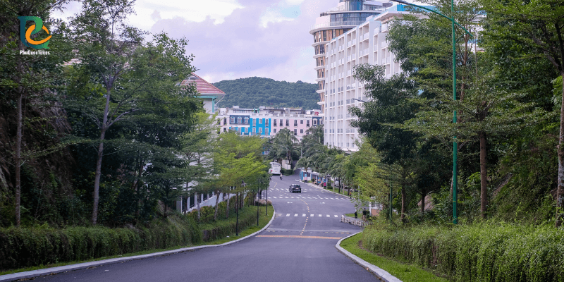 Street view of luxury resorts and hotels near Khem Beach Phu Quoc surrounded by greenery