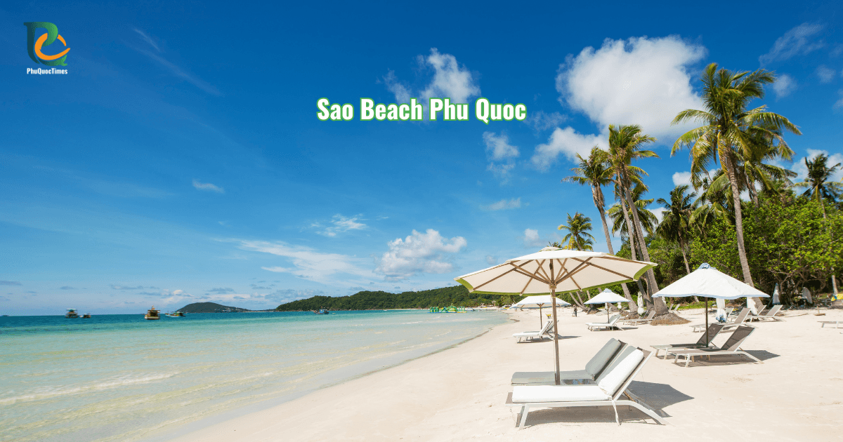 Sao Beach Phu Quoc with white sand, calm sea, umbrellas and sunbeds