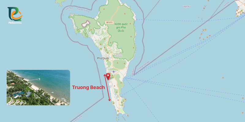 Map showing location of Truong Beach Phu Quoc on the island’s west coast