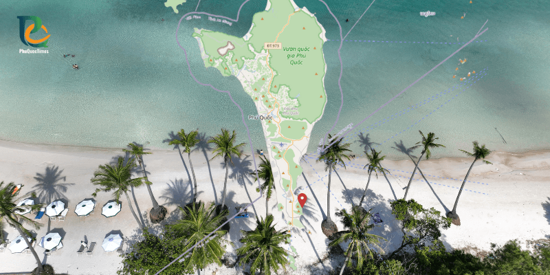 Map showing Sao Beach location on southeastern Phu Quoc Island, overlaid on aerial beach photo