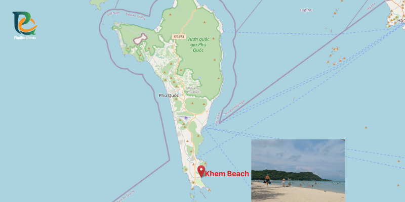Map of Phu Quoc showing Khem Beach location on the southern coast