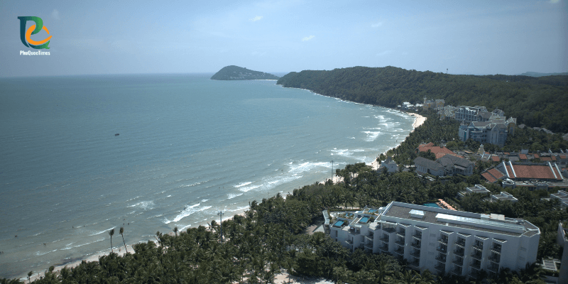 Aerial view of Khem Beach Phu Quoc with white sand, calm sea, and resorts along the coastline