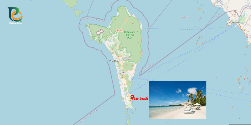 Map showing Sao Beach location on the southeastern coast of Phu Quoc
