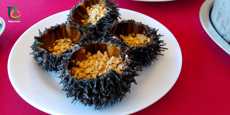 Grilled sea urchin with peanuts and scallion oil at Nhật Lan restaurant on Sao Beach Phu Quoc