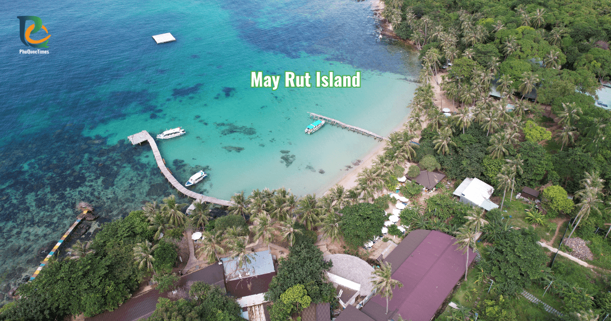 Arieal view of May Rut Island with sea, jungle, rocky and sand beaches