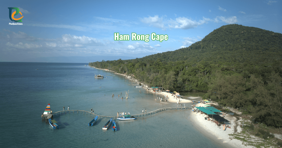 Ham Rong Cape Phu Quoc aerial view with lush greenery, white sand beach and blue water