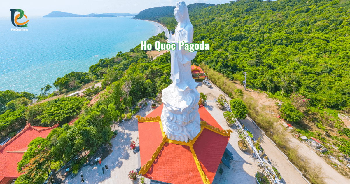 Aerial view of Ho Quoc Pagoda in Phu Quoc with the giant Guanyin statue facing the sea