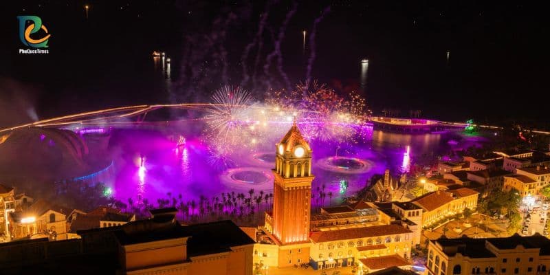 Night view of fireworks and water show at Sunset Town