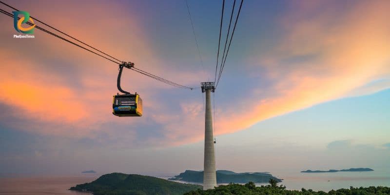 Hon Thom cable car in Phu Quoc crossing the sea at sunset