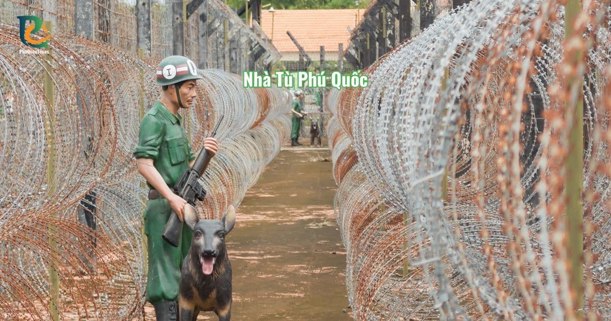 Hàng rào thép gái và mô hình lính canh tại Nhà tù Phú Quốc
